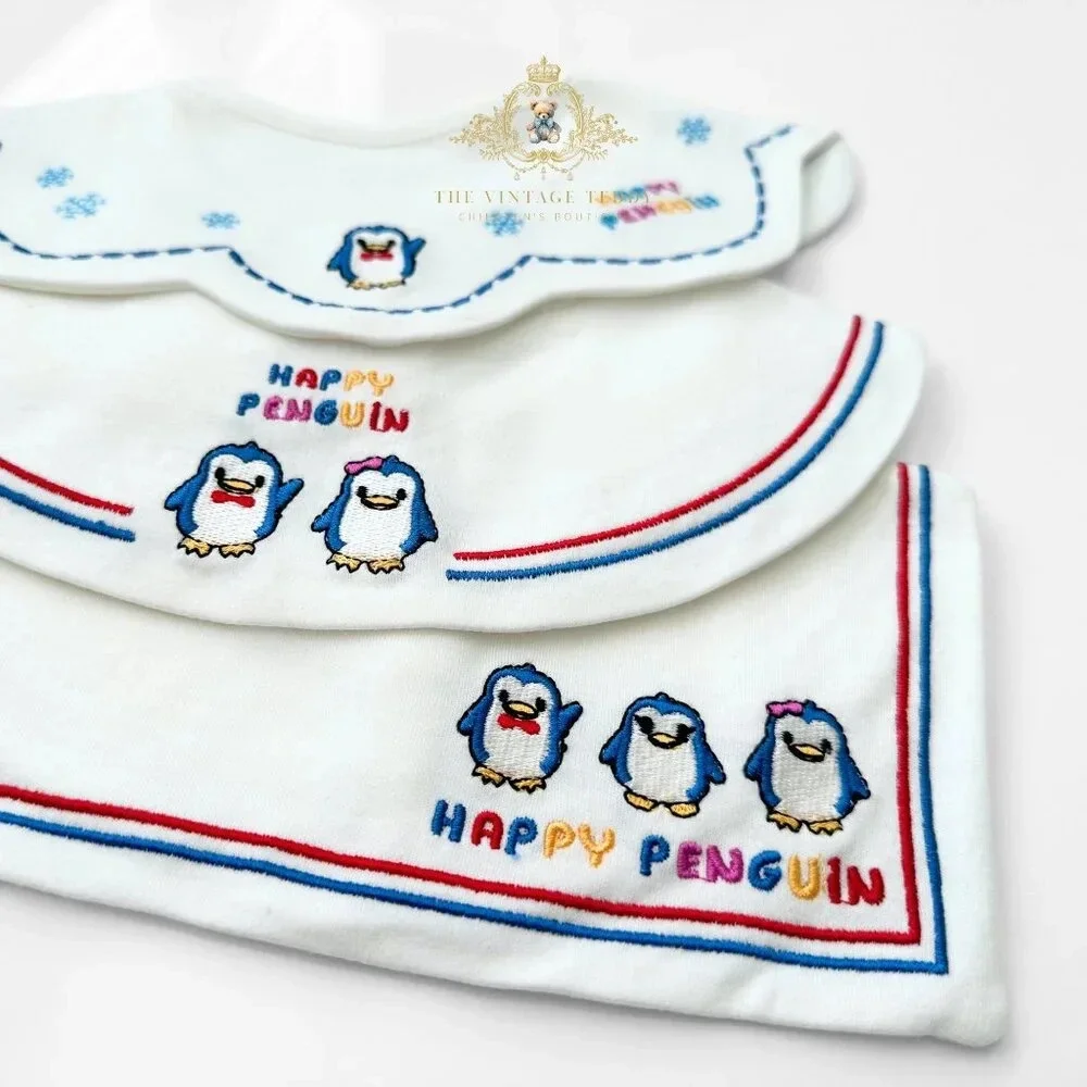 NWT Adorable Boutique Embroidered Baby Bibs Cute Happy Little Penguins Set of 3